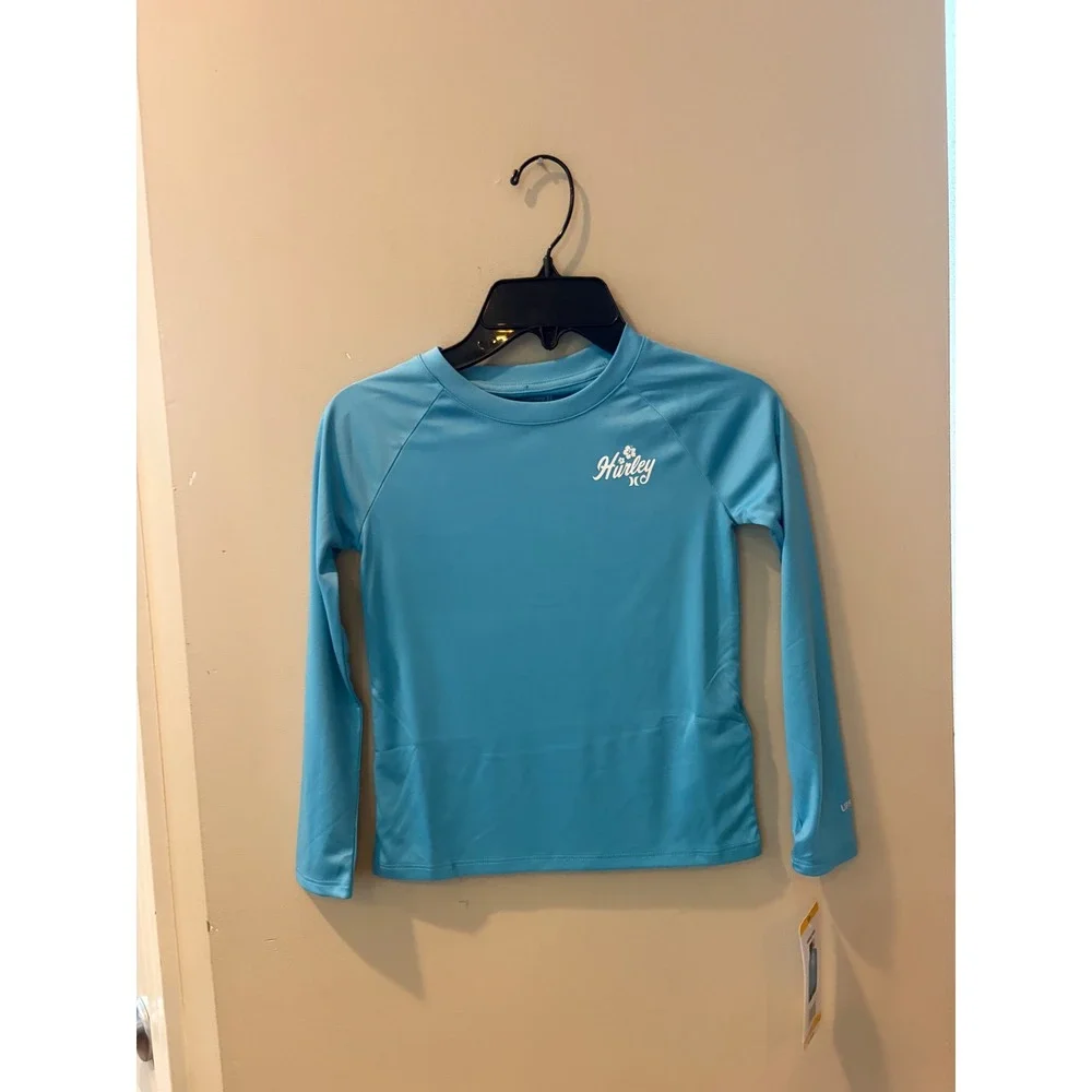 New Hurley Kids Blue Long Sleeve Rash Guard UPF 50+ Protection Swim Shirt 5/6